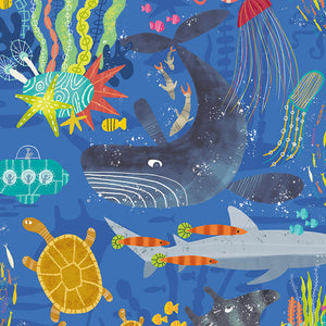 WGU50132W Dutch Wallcoverings When i grow up Beneath The Waves - Dit behang is levendig en kleurrijk met een dominante blauwe achtergrond