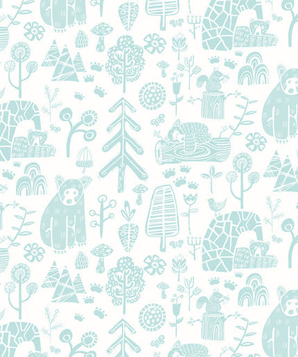 WGU50146W Dutch Wallcoverings When i grow up Honeywood Bears - Dit behang is zacht en speels met lichte turquoise en blauwgrijze tinten op een frisse witte achtergrond.