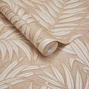 350553 Eijffinger Riviera Maison Stringed Leaves - Dit behang is uitgevoerd in zachte beige en warme bruintinten