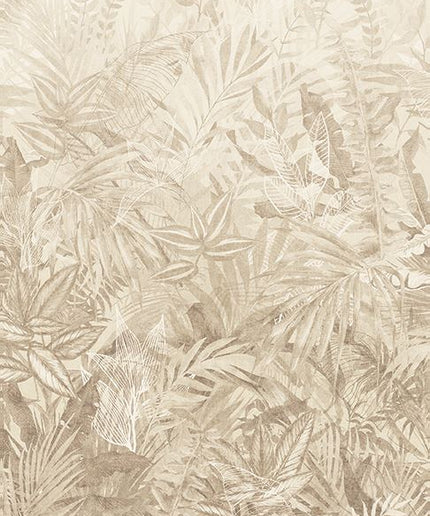 350703 Eijffinger Riviera Maison Linen Leaves Mural Sage - Dit behang is uitgevoerd in zachte beige- en bruintinten met subtiele accenten van wit die de bladeren en takken benadrukken.