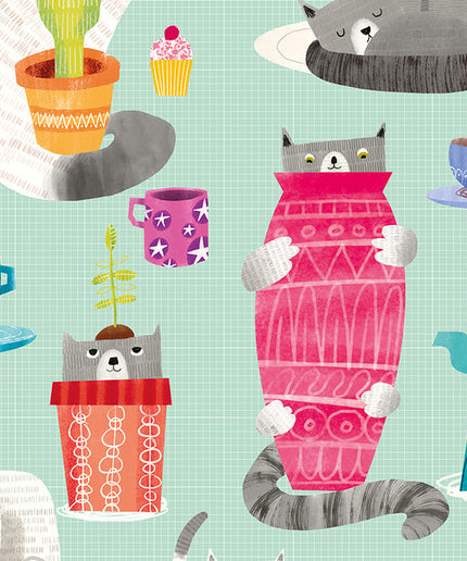 WGU50108W Dutch Wallcoverings When i grow up Kitten Kaboodle - Dit behang is speels en kleurrijk met een zachte turkooizen achtergrond en grappige accenten in grijs