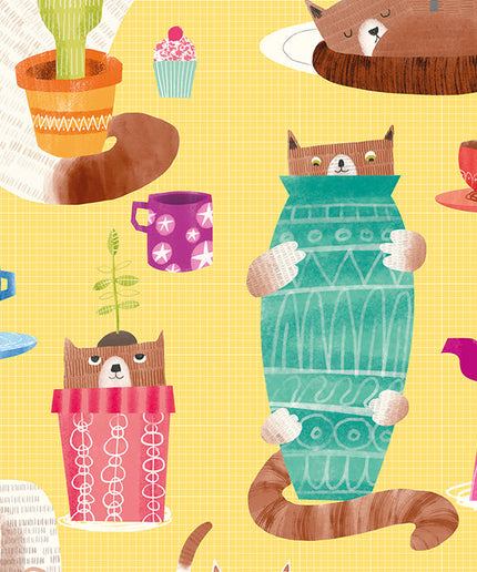 WGU50113W Dutch Wallcoverings When i grow up Kitten Kaboodle - Dit behang is vrolijk en speels met een warme gele achtergrond en accenten in turquoise