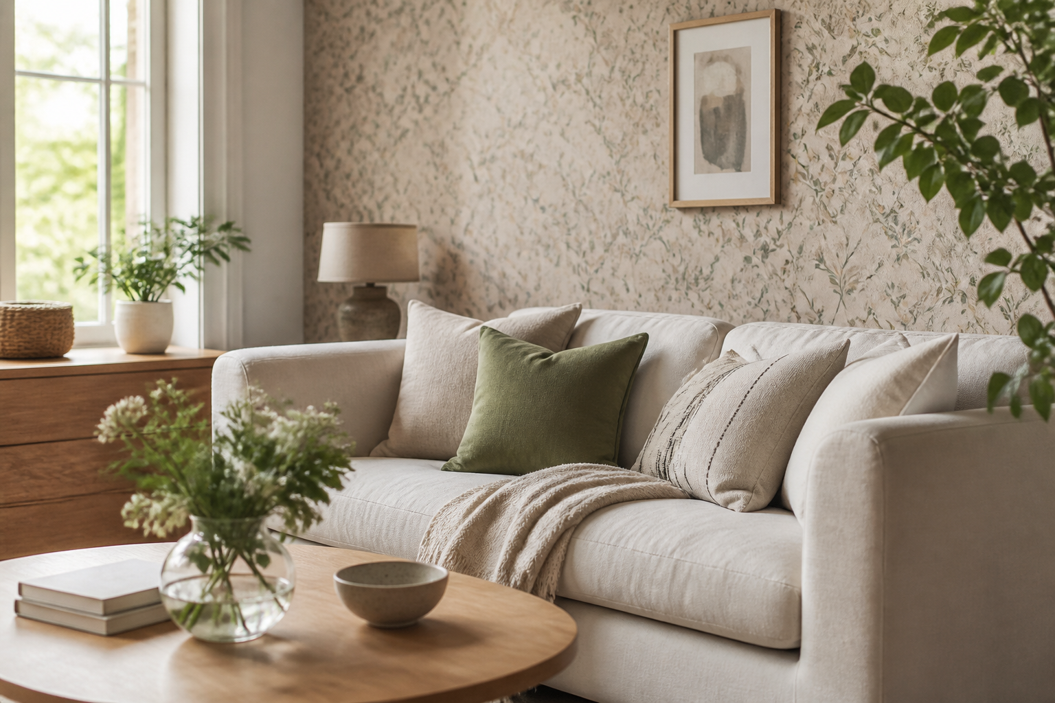 Woonkamer met stijlvol behang en rustige kleuren