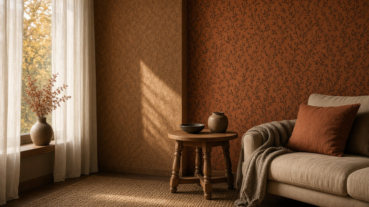 Interieurhoek met bruin en terracotta behang, linnen en hout