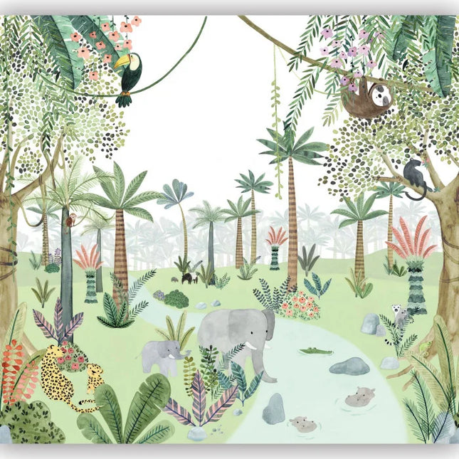 200697508 Casadeco Once Upon A Time 2 In The Heart Of The Jungle - Dit behang is zachtgroen met natuurlijke tinten van bruin