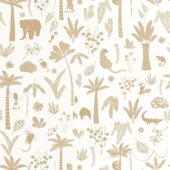 200762606 Casadeco Once Upon A Time 2 Poetic Jungle - Dit behang is uitgevoerd in zachte tinten beige en lichtbruin tegen een warme