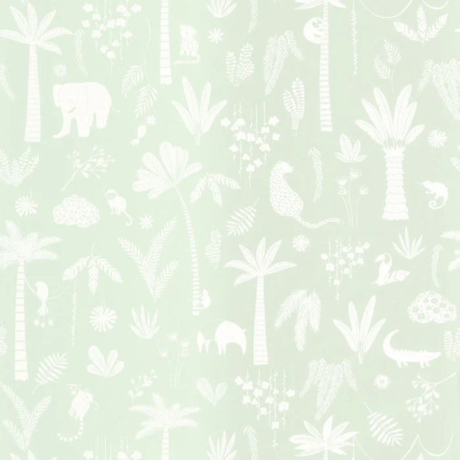 200766202 Casadeco Once Upon A Time 2 Poetic Jungle - Dit behang is zachtgroen met subtiele witte silhouetten