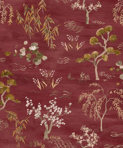 70000304 Casamance Legendes Legendes - Dit behang is rijk aan warm rood met zachte accenten van olijfgroen