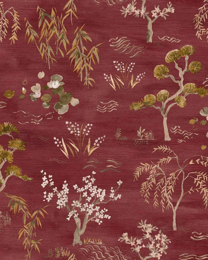 70000304 Casamance Legendes Legendes - Dit behang is rijk aan warm rood met zachte accenten van olijfgroen