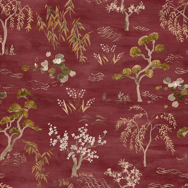 70000304 Casamance Legendes Legendes - Dit behang is rijk aan warm rood met zachte accenten van olijfgroen