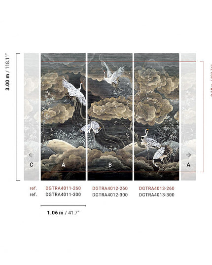 met accenten van wit en rood die de elegantie van de kraanvogels benadrukken.