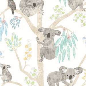 WGU50129W Dutch Wallcoverings When i grow up Kooka Koala - Dit behang is licht en speels met een witgrijze achtergrond en zachte accenten van blauw