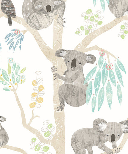 WGU50129W Dutch Wallcoverings When i grow up Kooka Koala - Dit behang is licht en speels met een witgrijze achtergrond en zachte accenten van blauw