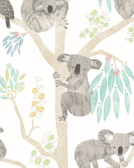WGU50129W Dutch Wallcoverings When i grow up Kooka Koala - Dit behang is licht en speels met een witgrijze achtergrond en zachte accenten van blauw