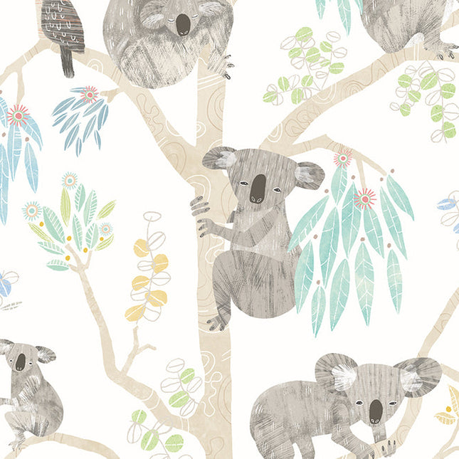 WGU50129W Dutch Wallcoverings When i grow up Kooka Koala - Dit behang is licht en speels met een witgrijze achtergrond en zachte accenten van blauw