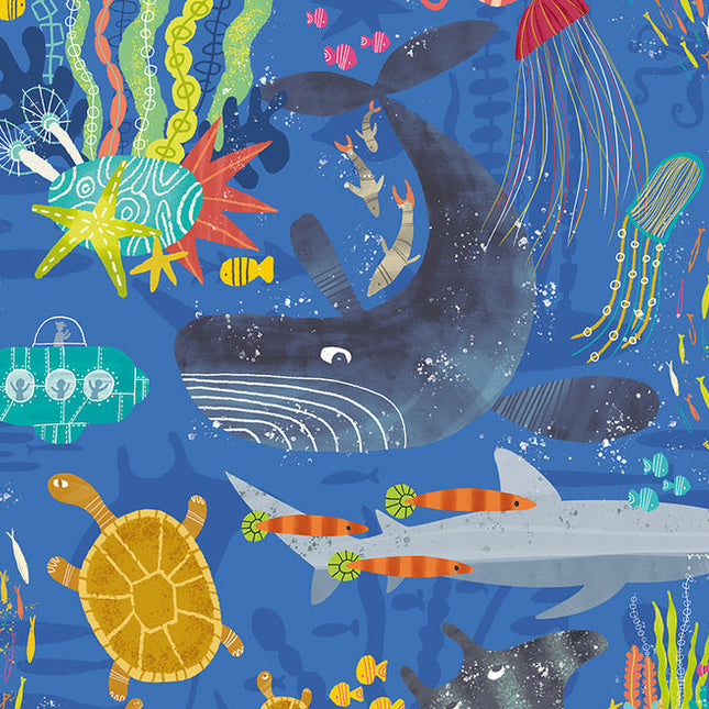 WGU50132W Dutch Wallcoverings When i grow up Beneath The Waves - Dit behang is levendig en kleurrijk met een dominante blauwe achtergrond
