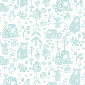 WGU50146W Dutch Wallcoverings When i grow up Honeywood Bears - Dit behang is zacht en speels met lichte turquoise en blauwgrijze tinten op een frisse witte achtergrond.