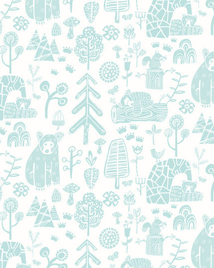 WGU50146W Dutch Wallcoverings When i grow up Honeywood Bears - Dit behang is zacht en speels met lichte turquoise en blauwgrijze tinten op een frisse witte achtergrond.