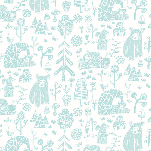 WGU50146W Dutch Wallcoverings When i grow up Honeywood Bears - Dit behang is zacht en speels met lichte turquoise en blauwgrijze tinten op een frisse witte achtergrond.