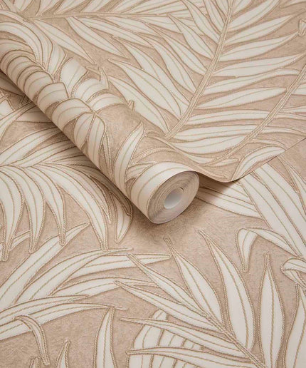 350553 Eijffinger Riviera Maison Stringed Leaves - Dit behang is uitgevoerd in zachte beige en warme bruintinten