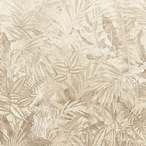 350703 Eijffinger Riviera Maison Linen Leaves Mural Sage - Dit behang is uitgevoerd in zachte beige- en bruintinten met subtiele accenten van wit die de bladeren en takken benadrukken.