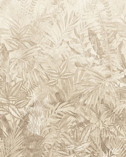 350703 Eijffinger Riviera Maison Linen Leaves Mural Sage - Dit behang is uitgevoerd in zachte beige- en bruintinten met subtiele accenten van wit die de bladeren en takken benadrukken.