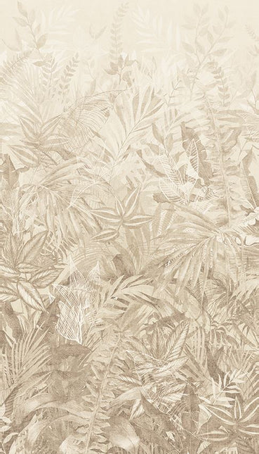350703 Eijffinger Riviera Maison Linen Leaves Mural Sage - Dit behang is uitgevoerd in zachte beige- en bruintinten met subtiele accenten van wit die de bladeren en takken benadrukken.