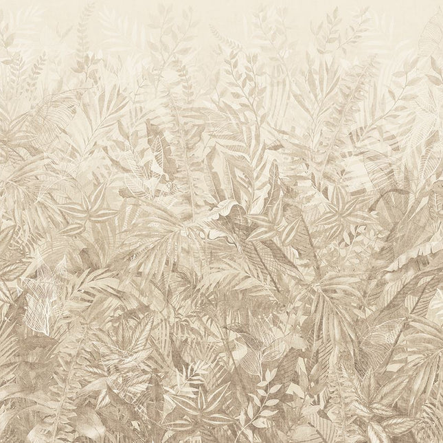 350704 Eijffinger Riviera Maison Linen Leaves Mural Sage - Dit behang is uitgevoerd in zachte tinten beige
