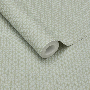 351221 Eijffinger Magnifique Facet - Dit behang is subtiel turquoise met een fijn patroon in lichte beige en een glanzende afwerking die het ontwerp een zachte diepte geeft.