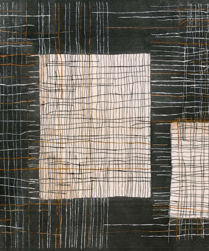 VP 1013 01 Elitis Ceres Sashiko - Dit behang is opgebouwd uit een diepzwarte achtergrond met crèmekleurige rechthoeken