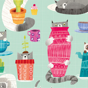 WGU50108W Dutch Wallcoverings When i grow up Kitten Kaboodle - Dit behang is speels en kleurrijk met een zachte turkooizen achtergrond en grappige accenten in grijs