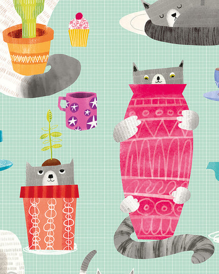 WGU50108W Dutch Wallcoverings When i grow up Kitten Kaboodle - Dit behang is speels en kleurrijk met een zachte turkooizen achtergrond en grappige accenten in grijs