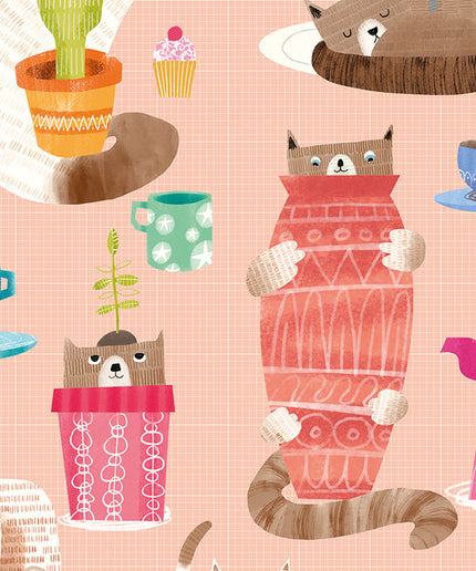 WGU50110W Dutch Wallcoverings When i grow up Kitten Kaboodle - Dit behang is speels en kleurrijk met een warme roze achtergrond en levendige accenten in oranje