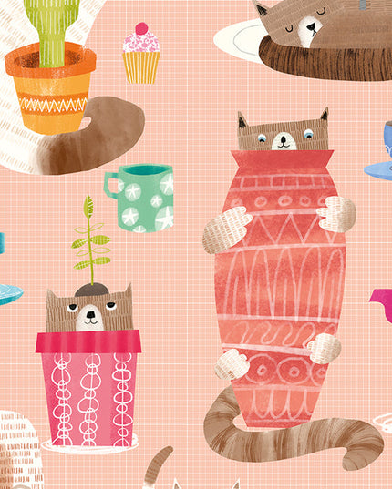 WGU50110W Dutch Wallcoverings When i grow up Kitten Kaboodle - Dit behang is speels en kleurrijk met een warme roze achtergrond en levendige accenten in oranje