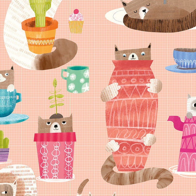 WGU50110W Dutch Wallcoverings When i grow up Kitten Kaboodle - Dit behang is speels en kleurrijk met een warme roze achtergrond en levendige accenten in oranje