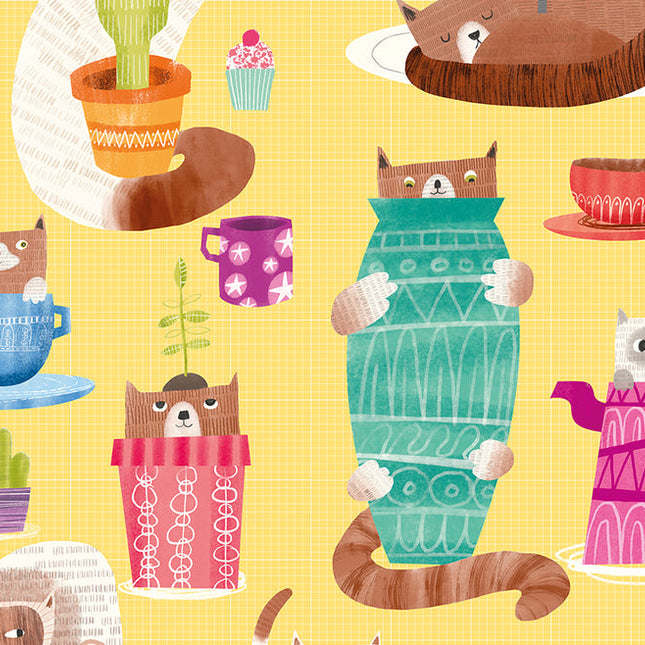 WGU50113W Dutch Wallcoverings When i grow up Kitten Kaboodle - Dit behang is vrolijk en speels met een warme gele achtergrond en accenten in turquoise
